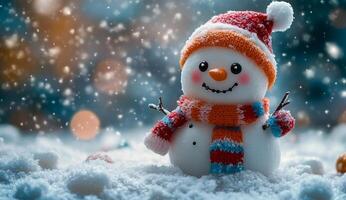 A snowman with a red and orange scarf and hat is sitting in the snow. The snowman has a happy expression on its face photo