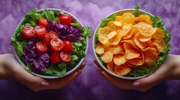 Two bowls of food, one with salad and the other with chips. The salad bowl is full of lettuce, tomatoes, and other vegetables, while the chips bowl is full of potato chips. The image conveys a healthy photo