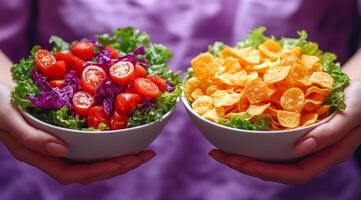 Two bowls of food, one with a salad and the other with corn chips. The person holding the bowls is wearing a purple shirt photo