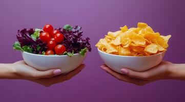 Two people holding bowls of food, one with salad and the other with chips. Scene is lighthearted and playful, as the two people are holding up their bowls in a friendly manner photo