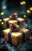 A gold box with a pine cone on top of it. The pine cone is surrounded by a blue ribbon. The box is placed on a table with a green tree branch photo
