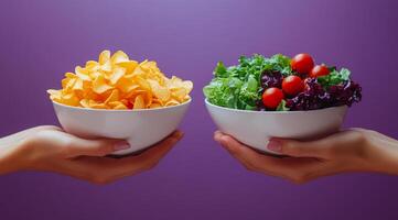 Two people holding bowls of food, one with chips and the other with salad. Scene is lighthearted and playful, as if the people are comparing the two types of food photo