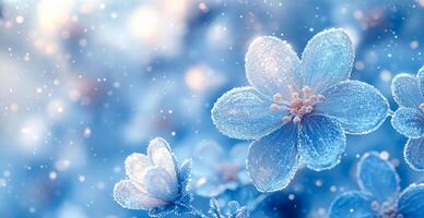 A blue flower with snowflakes on it. The snowflakes are falling on the flower, giving it a wintery feel photo