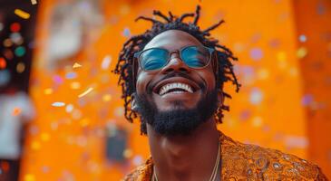 A man with a beard and dreadlocks is smiling and wearing sunglasses. He is standing in front of a wall covered in confetti photo