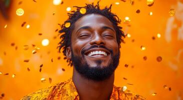 A man with a beard and a smile is standing in front of a wall covered in gold confetti photo