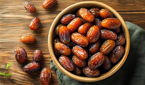 un cuenco de seco fruta, incluso Pasas y fechas, es en un de madera mesa. el cuenco es lleno con un variedad de seco fruta, incluso algunos ese son todavía en su conchas foto