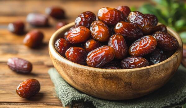 un cuenco de seco fruta, incluso Pasas y fechas, es sentado en un de madera mesa foto