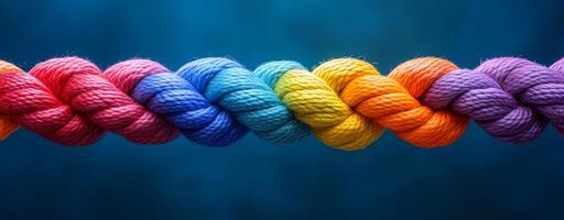 A colorful rope is twisted and knotted together. The colors are bright and vibrant, creating a sense of energy and excitement. The rope is suspended in mid-air, giving the impression of movement photo