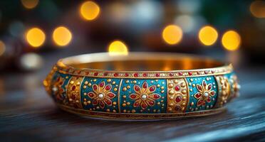 A gold and blue bracelet with red flowers on it. The bracelet is on a wooden table. The table is surrounded by lights, creating a warm and cozy atmosphere photo