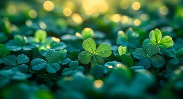 A close up of green clovers with a bright sun shining on them. The sun is casting a warm glow on the leaves, making them look fresh and vibrant. Concept of growth and renewal photo