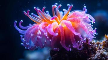 A large purple and pink flower with a white center. The flower is surrounded by water and is floating on the surface photo