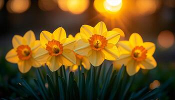 A group of yellow flowers with orange centers are in a field. The sun is shining on them, making them look bright and cheerful photo