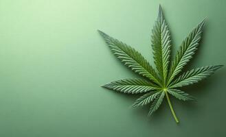 A leaf of a marijuana plant is on a green background. The leaf is the main focus of the image, and it is the most prominent element. The green background suggests a natural or organic setting photo