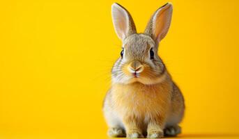 A small brown rabbit is sitting on a yellow background. The rabbit has a curious expression on its face photo