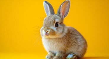 A small brown rabbit is sitting on a yellow surface. The rabbit has a curious look on its face and he is looking at the camera photo