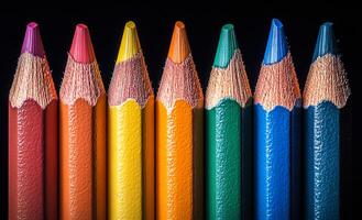 A row of pencils with different colors. The pencils are lined up next to each other photo