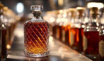 A bottle of liquor is on a table next to many other bottles. The bottle is clear and has a diamond pattern on it photo