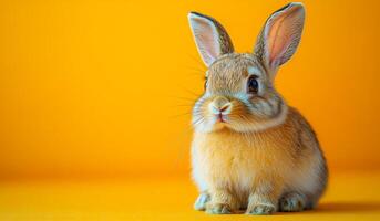 A small brown and white rabbit is sitting on a yellow surface. The rabbit has a curious expression on its face photo