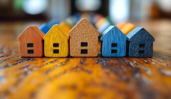 A row of wooden houses are lined up on a wooden table. The houses are of different colors and sizes, creating a sense of variety and diversity. The scene evokes a feeling of warmth and coziness photo