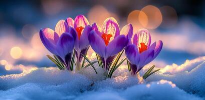 A group of purple flowers are on top of a snowy field. The flowers are small and delicate, and they are surrounded by a blanket of snow. The scene is peaceful and serene, with the snow creating a soft photo