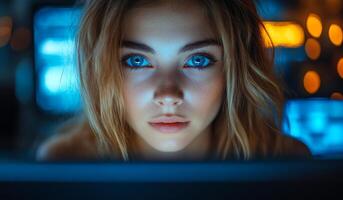 A woman with blue eyes is looking at a computer screen. The image has a moody and mysterious feel to it, as the woman's gaze is focused on the screen photo
