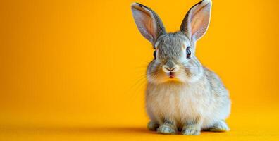 A small rabbit is sitting on a yellow background. The rabbit has a curious expression on its face photo