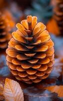 A close up of a pine cone with a leafy background. The pine cone is the main focus of the image, and it is a beautiful and natural scene. The leafy background adds a touch of color photo