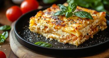 A large lasagna with a basil leaf on top. The dish is served on a black plate and is garnished with a few pieces of basil. The plate is placed on a wooden table photo