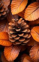 A close up of a pine cone surrounded by orange leaves. The pine cone is the main focus of the image, and the leaves provide a contrasting background photo