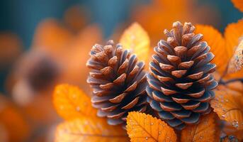 Two pine cones are on a leafy branch. The pine cones are brown and have a natural, earthy feel. Concept of warmth and coziness, as if the viewer is surrounded by nature photo