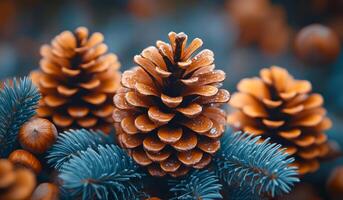 Three pine cones are on a blue and green background. The pine cones are brown and appear to be covered in snow. The blue and green background creates a sense of calm and tranquility photo
