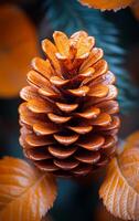 A close up of a pine cone with its scales visible. The pine cone is surrounded by leaves and branches, giving the impression of a natural setting. Concept of warmth and coziness photo