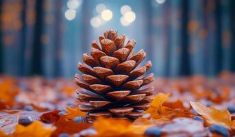 A pine cone is sitting on a pile of leaves. The pine cone is brown and he is covered in snow. The scene has a peaceful and serene mood photo