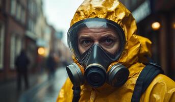 A man in a yellow hazmat suit is standing on a wet street. He is wearing a gas mask and a yellow rain suit photo