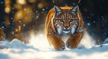 A cat is running through the snow with its paws in the air. The cat is orange and white, and it is in a playful mood photo