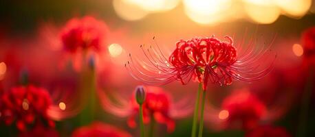 A close up of a red flower with a blurry background. The flower is surrounded by other red flowers, creating a vibrant and colorful scene. Concept of beauty and tranquility photo