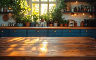A kitchen with a wooden table and a window with plants. The table is empty and the sunlight is shining on it photo