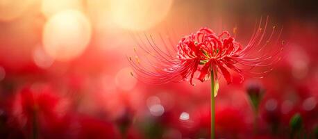 A red flower with a long stem is the main focus of the image. The flower is surrounded by other red flowers, creating a vibrant and colorful scene photo