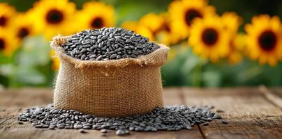 A bag of black beans is sitting on a wooden table. The beans are scattered around the bag, and the bag itself is made of burlap. The scene has a rustic, natural feel to it, with the beans photo