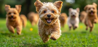 A group of small dogs are running in a field. The dogs are all brown and appear to be happy photo