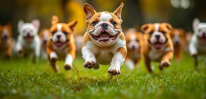 A group of puppies running in a field. Scene is joyful and playful. The puppies are all running and playing together, and their expressions show that they are having a great time photo