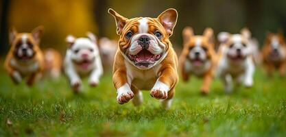 A group of puppies running in a field. Scene is joyful and playful. The puppies are all different sizes and colors, but they are all running together in a group. The grass is lush and green photo