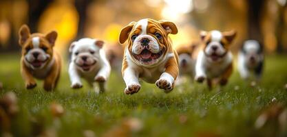 A group of puppies running in a field. Scene is joyful and playful. The puppies are all running and playing together, enjoying their time in the grassy field photo