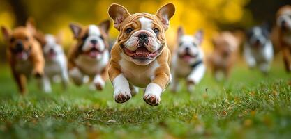 A group of puppies running in a field. Scene is joyful and playful. The puppies are all different colors and sizes, but they are all running together in a group. The grass is green and lush photo