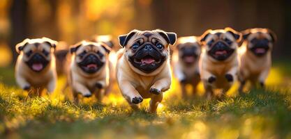 A group of pugs running together in a field. Scene is joyful and playful photo