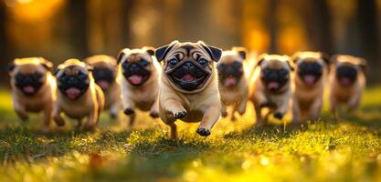 A group of pugs running in a field. The pugs are all brown and are running in a line photo