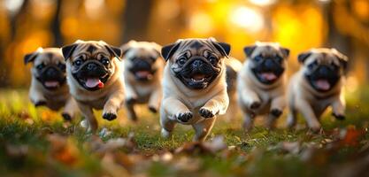 A group of pugs running together in a field. Scene is joyful and playful photo