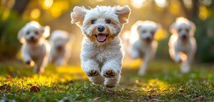 A group of small white dogs are running through a grassy field. The dogs are all smiling and seem to be enjoying themselves photo