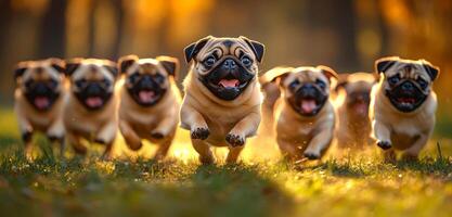 A group of pugs running together in a field. The pugs are all brown and appear to be happy photo