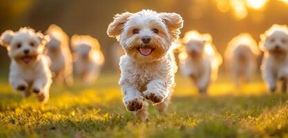 A group of small white dogs running in a field. The dogs are all running in different directions and some are closer to the camera than others. Scene is energetic and playful photo